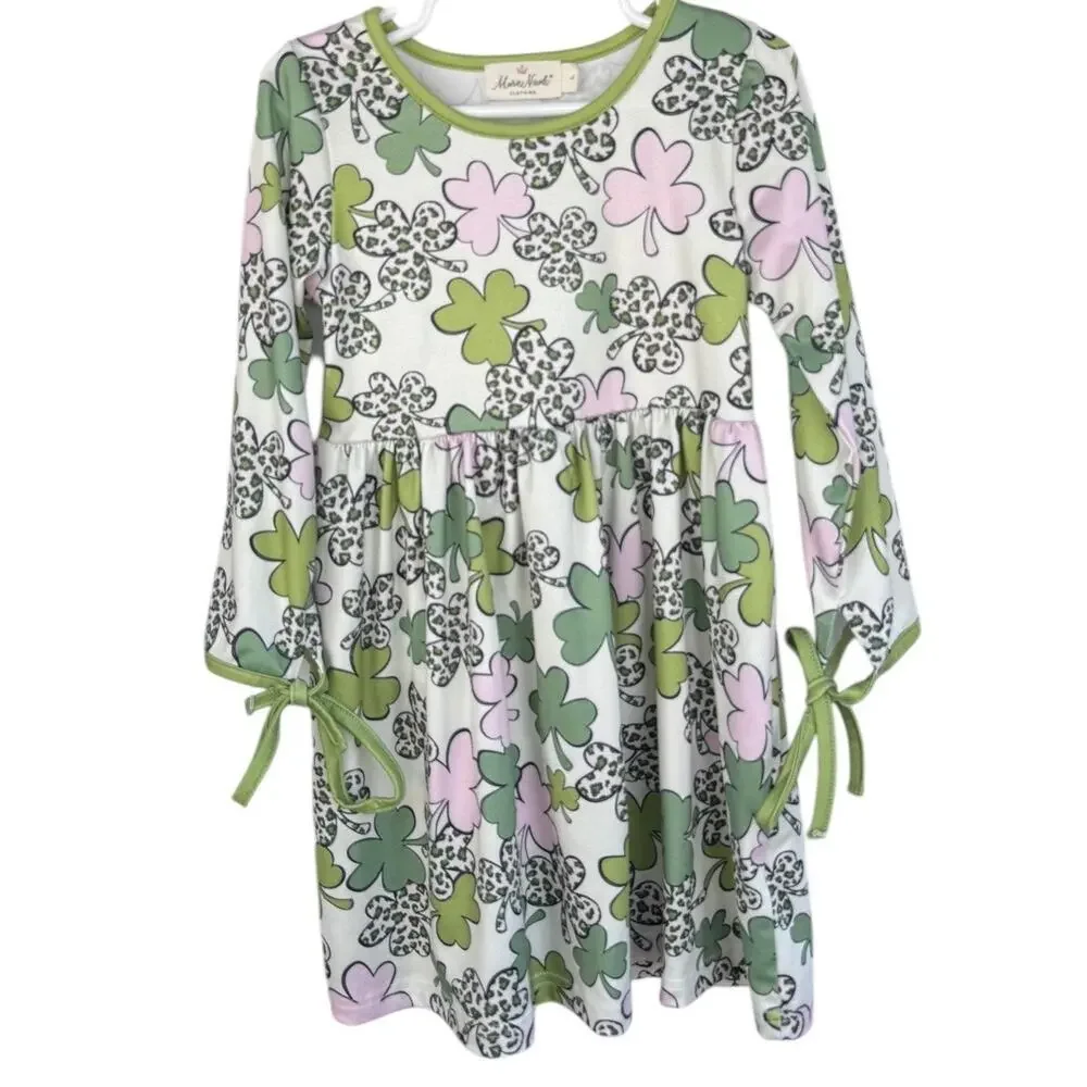 Marie Nicole Lucky Pink & Green Clovers Dress - Size Girls Large (4Y)